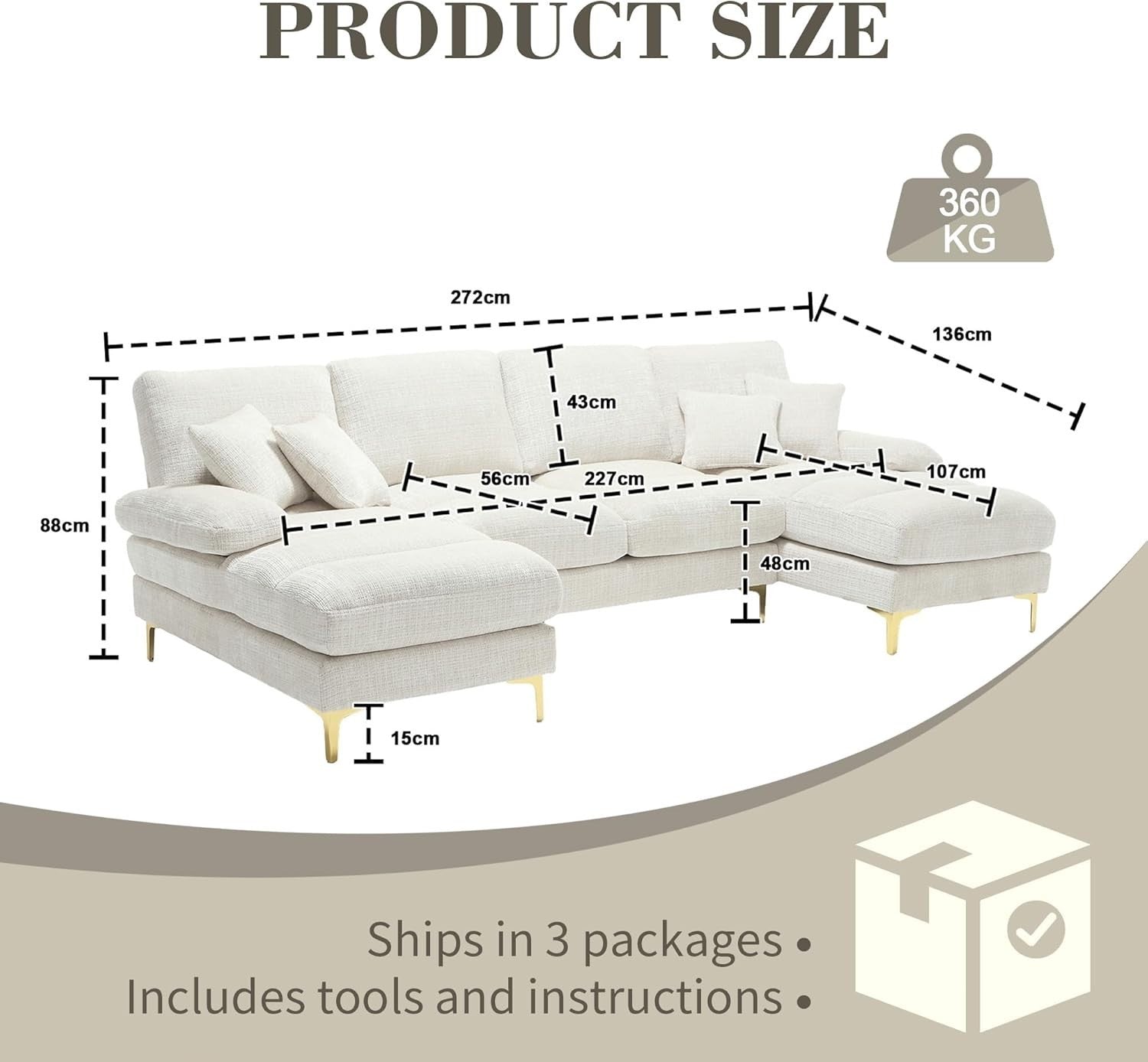 4 Seater U-Shaped Sofa Beige Chenille Sectional with Double Chaise & 4 Pillows