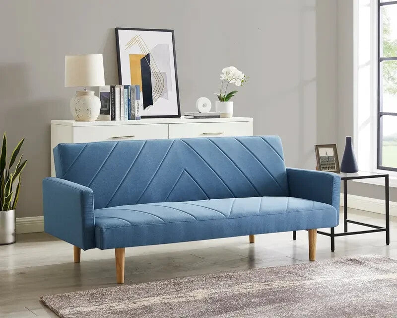 3 Seater Fabric Sofa Bed Blue Clic Clac Wooden Legs Chevron Design