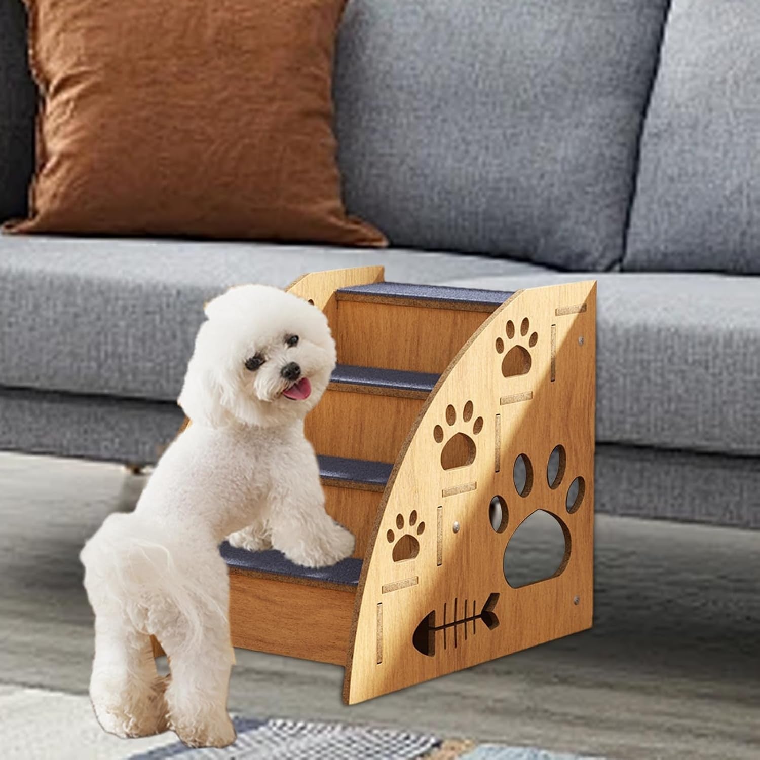 Natural Wood Pet Stairs Non Slip Dog & Cat Bed Steps