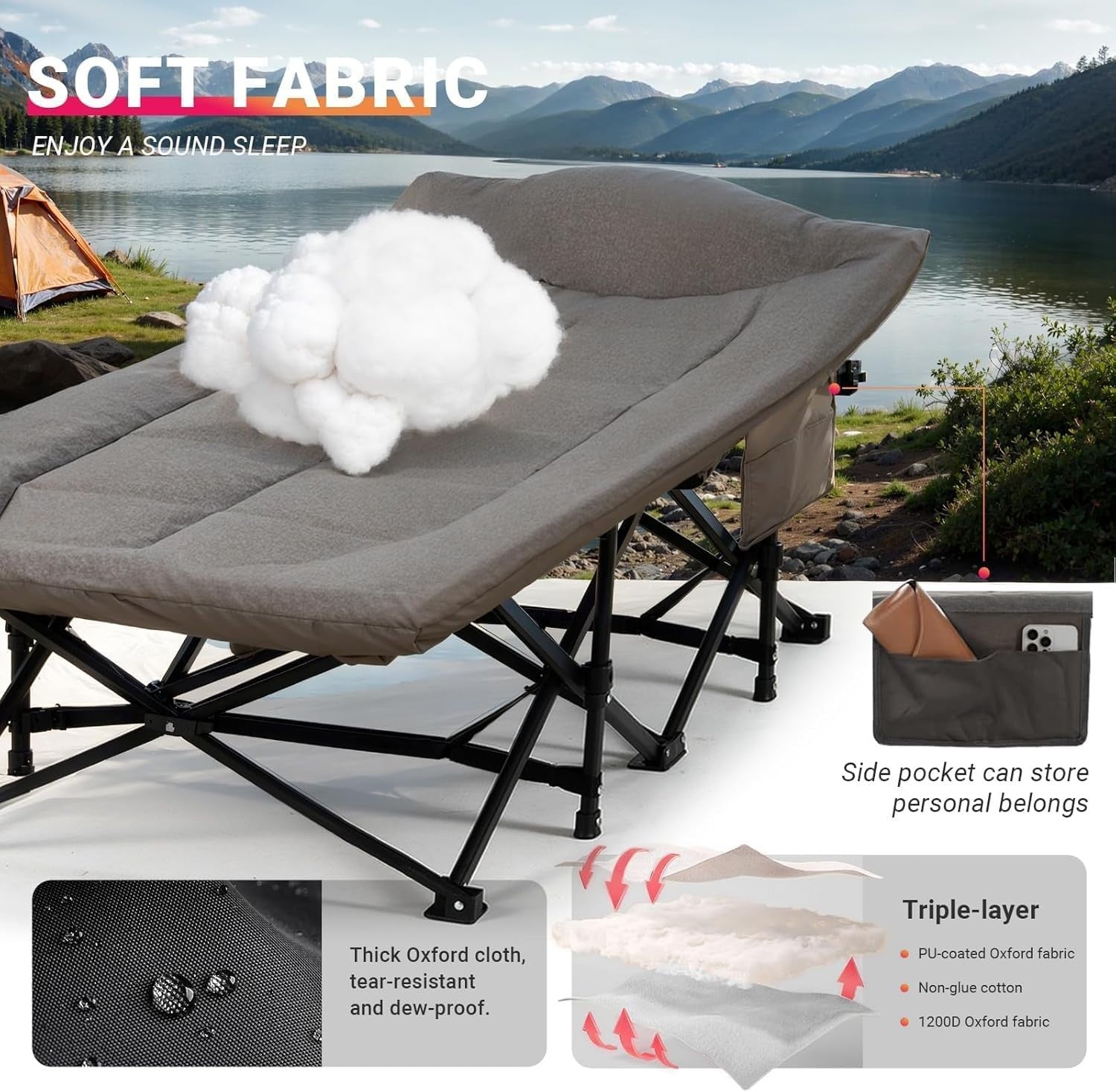 28” Wide Padded Folding Camping Bed with Pillow Portable Outdoor Cot