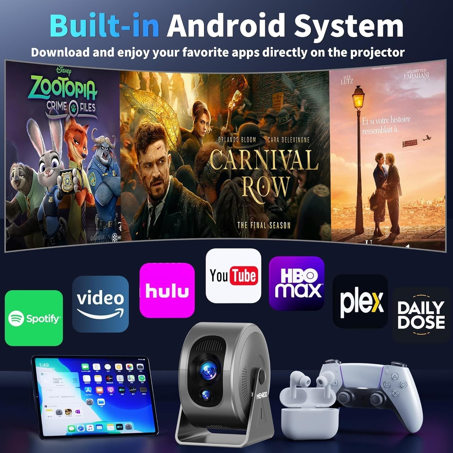 Mini Smart Projector 4K Support Auto Focus WiFi 6 Bluetooth 360°