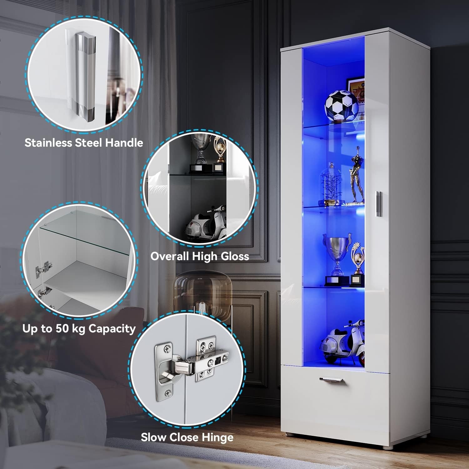 Tall LED Display Cabinet with Glass Shelves, High Gloss Storage Unit White