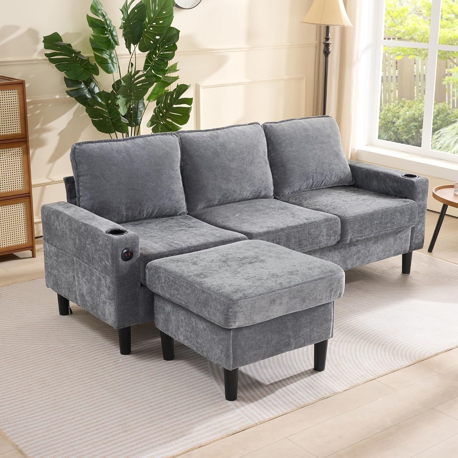 3-4 Seater Grey L-Shaped Sofa with Reversible Chaise, USB Ports & Cup Holders