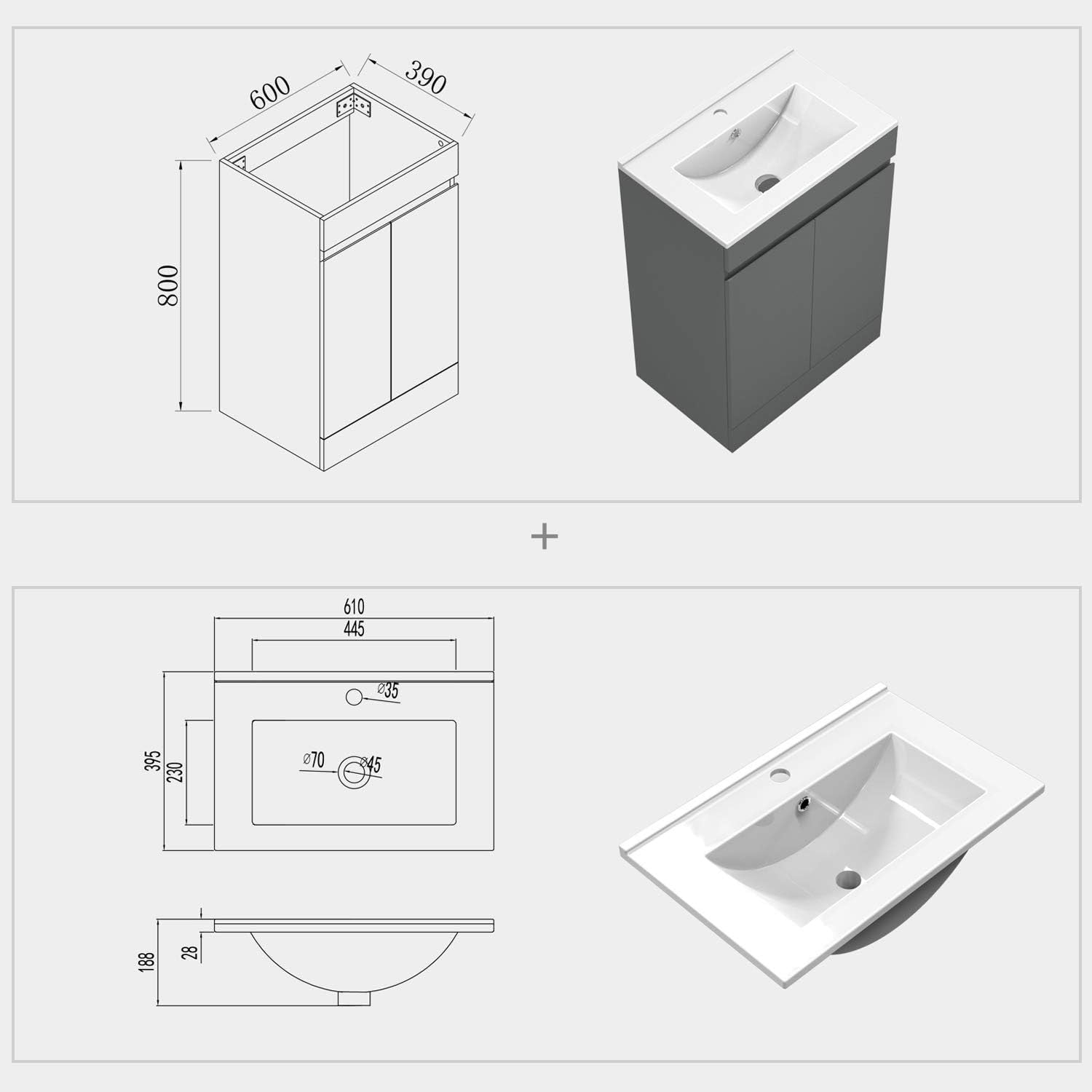 600mm Matt Grey Floor Standing Vanity Unit with Basin 2 Door Sink Cabinet