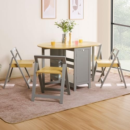 Foldable Dining Table & 4 Chairs 120cm Drop Leaf Grey Wood Set