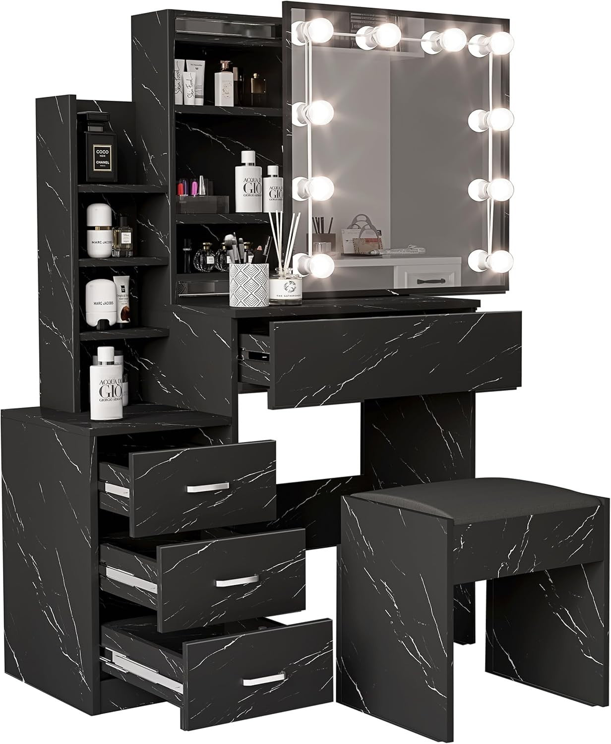 Wood Vanity Desk w/Sliding Lighted Mirror 2 Drawers Large Storage Shelves Set