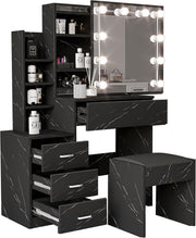 Wood Vanity Desk w/Sliding Lighted Mirror 2 Drawers Large Storage Shelves Set