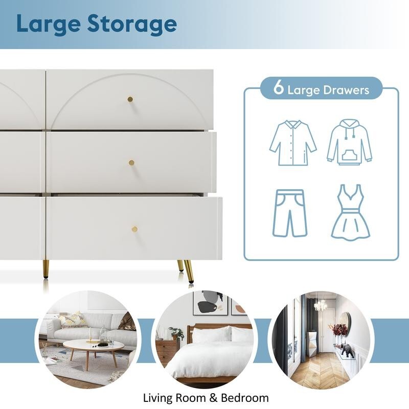 Cream White 6 Drawer Chest Modern Sideboard Cabinet Arched Front Storage