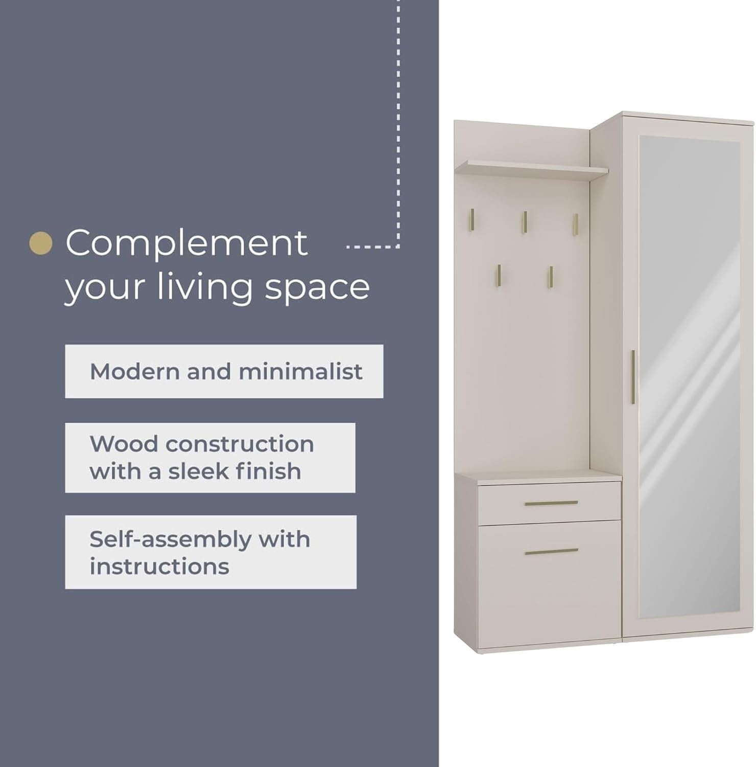 Modern Cashmere Hallway Wardrobe with Hooks, Drawers & Shoe Storage, 180cm