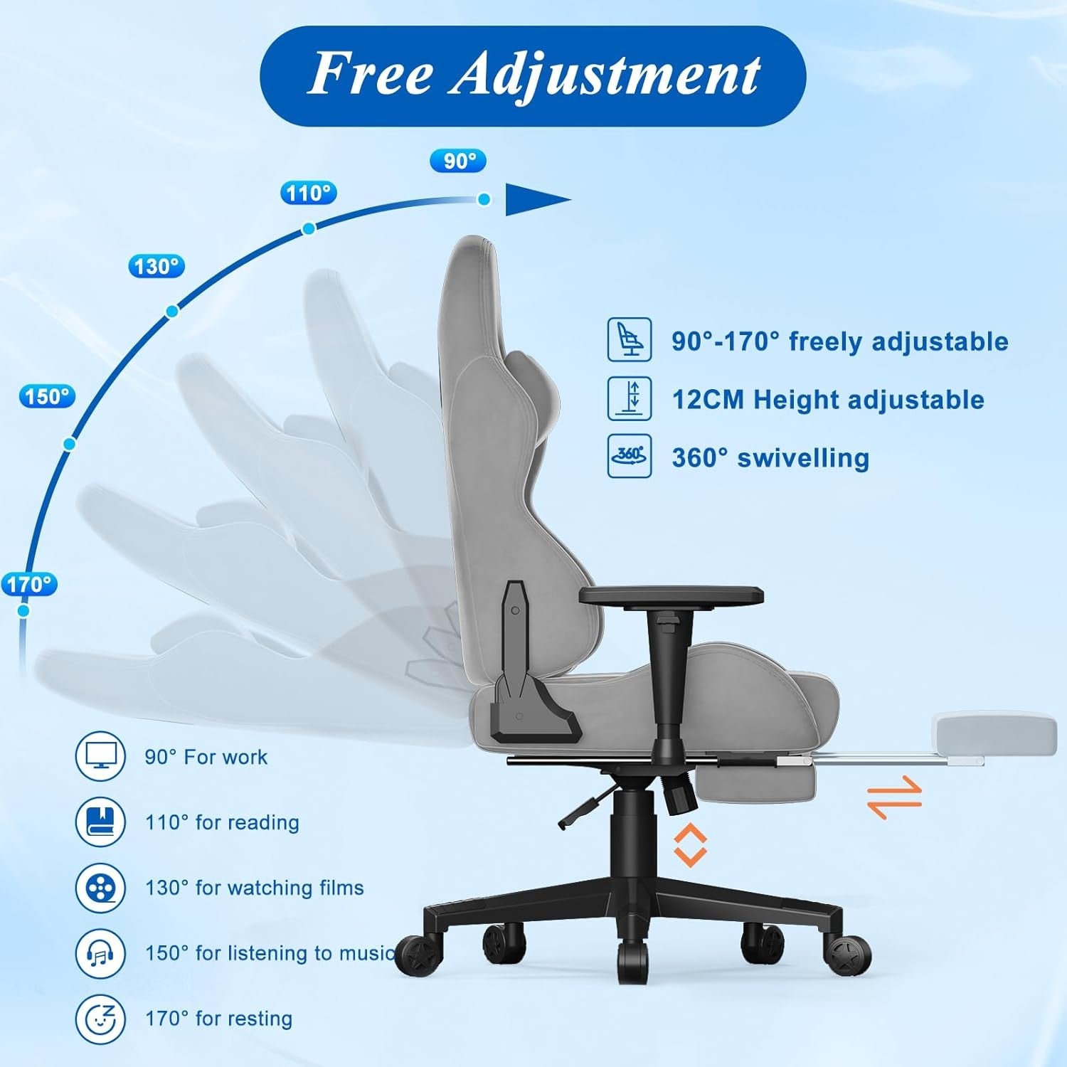 Fabric Gaming Chair Reclining Footrest Massage Lumbar Grey
