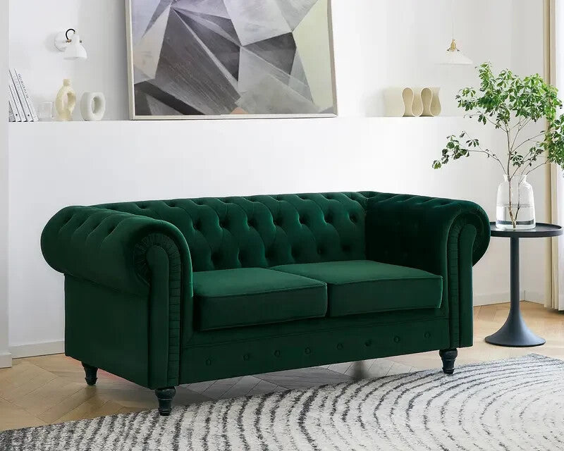 Green Velvet Chesterfield Sofa 2 Seater Tufted Scroll Arm Wood Legs UK