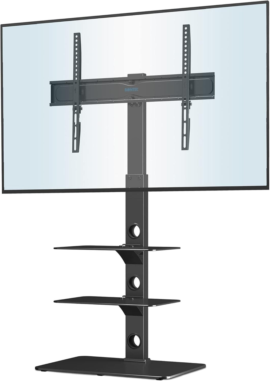 Universal Black TV Floor Stand 30-70" Adjustable Swivel 3-Tier Glass Shelves