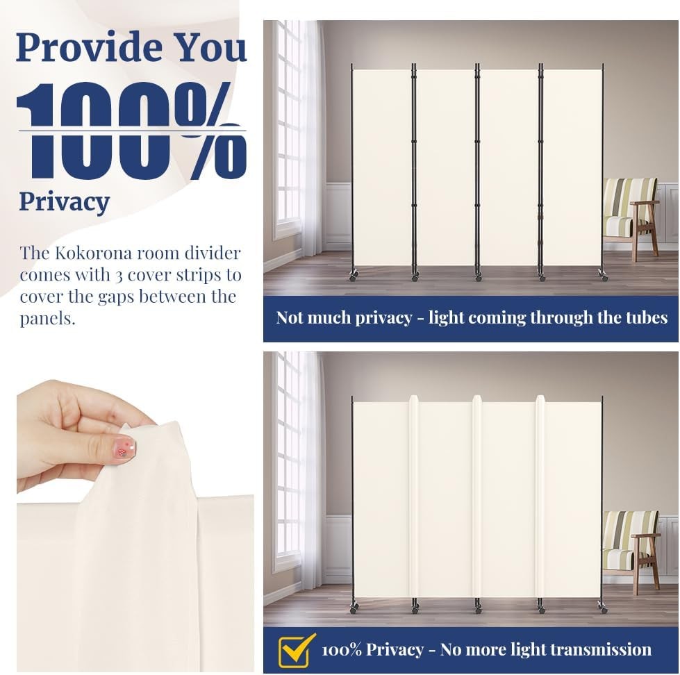 4 Panel Beige Folding Room Divider with Lockable Wheels 88x70 Inch