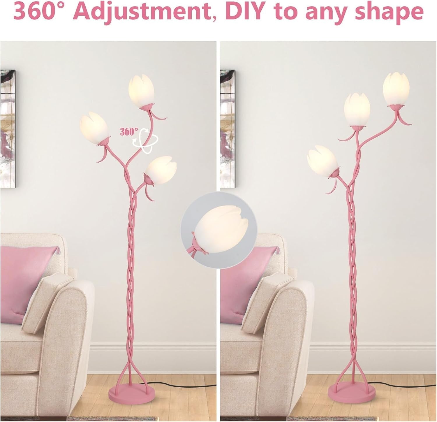 3-Light Pink Floor Lamp Tulip Shades LED Standing Lamp Bedroom Living Room