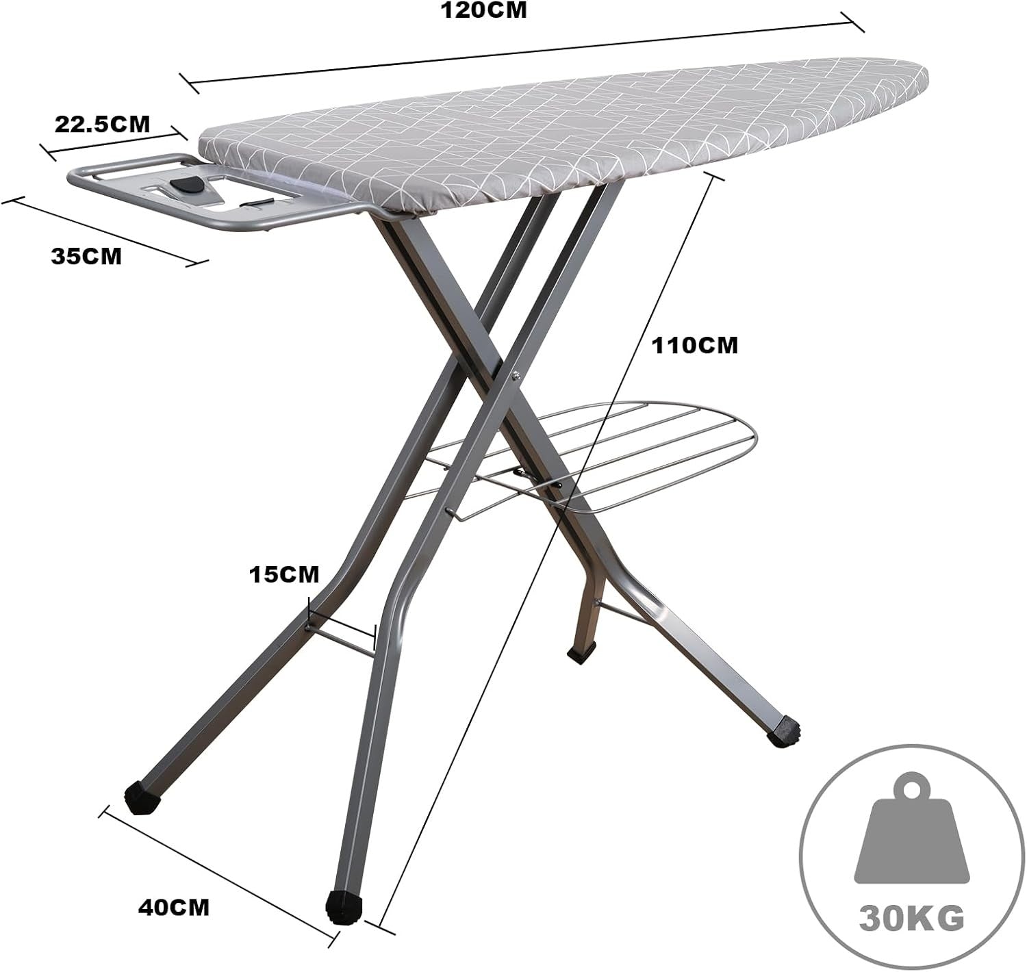 Ironing Board Height Adjustable Foldable Anti-Closing Non-Slip 120x45cm