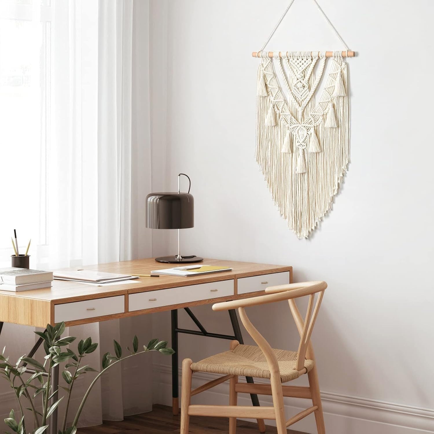 Boho Macrame Wall Hanging Beige Grey Geometric Woven Tapestry
