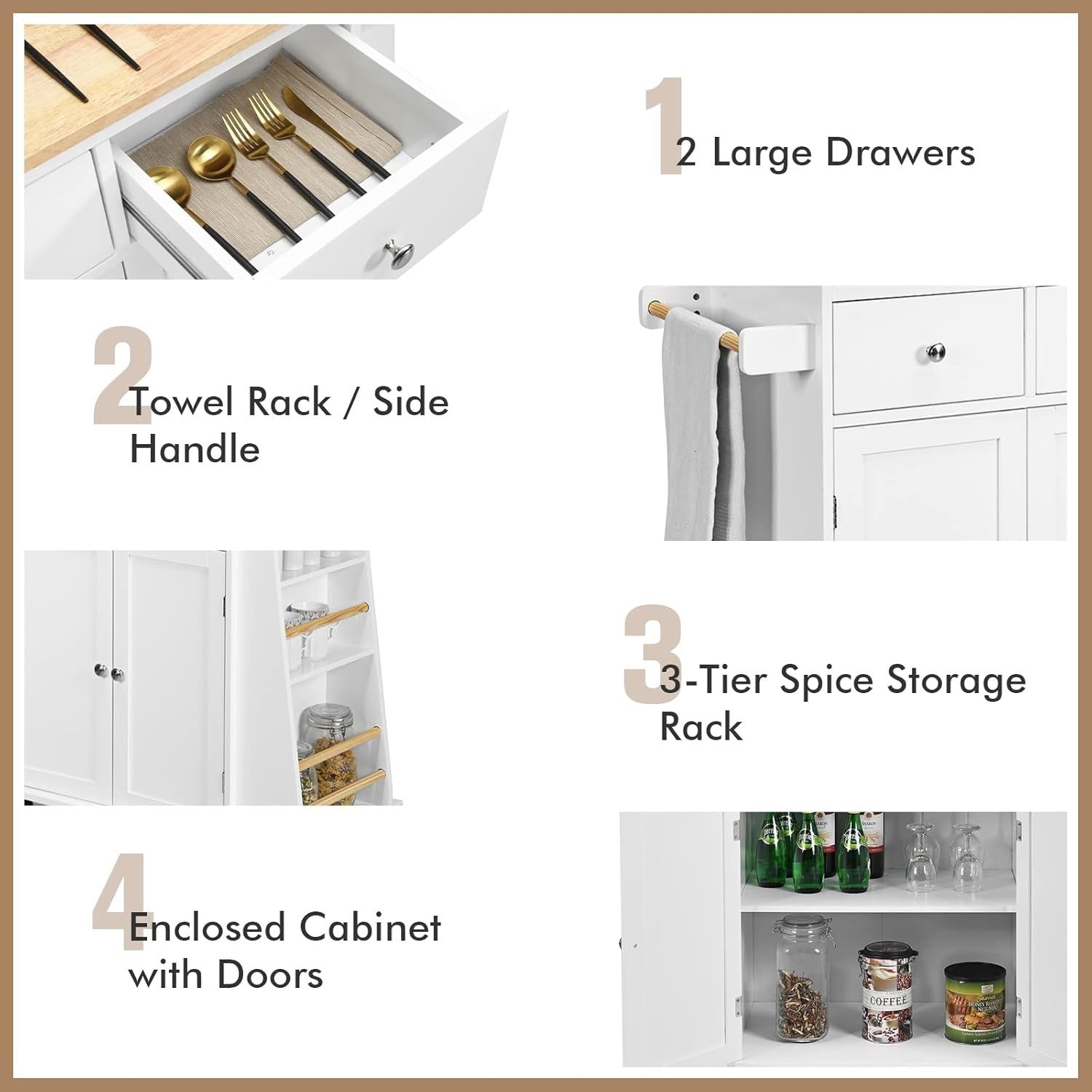Mobile Kitchen Island Cart with Rubber Wood Countertop, Drawers & Lockable Wheel