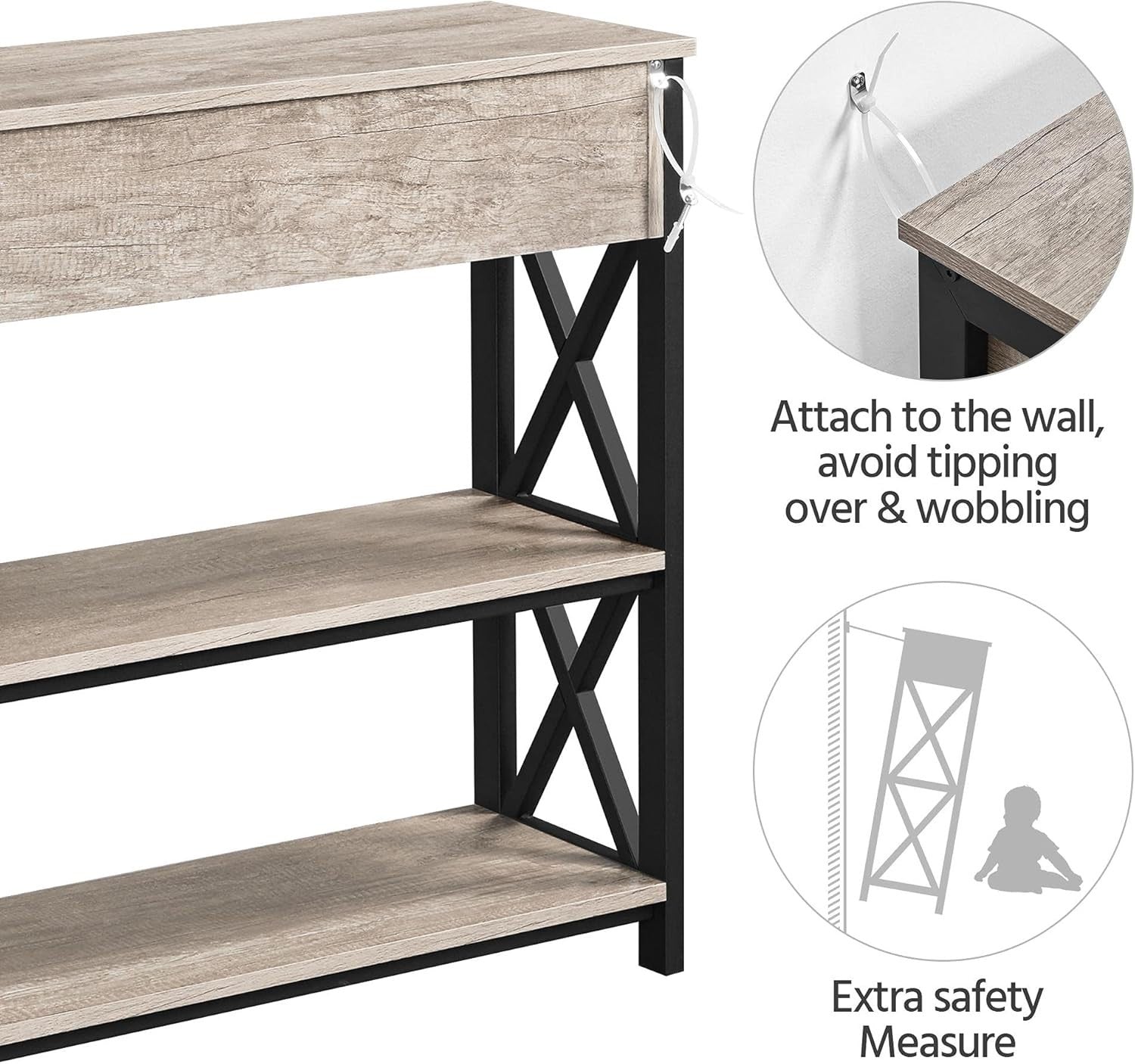 Rustic Grey Console Table with Drawer & 2 Shelves, 100x29.5x81cm, Durable