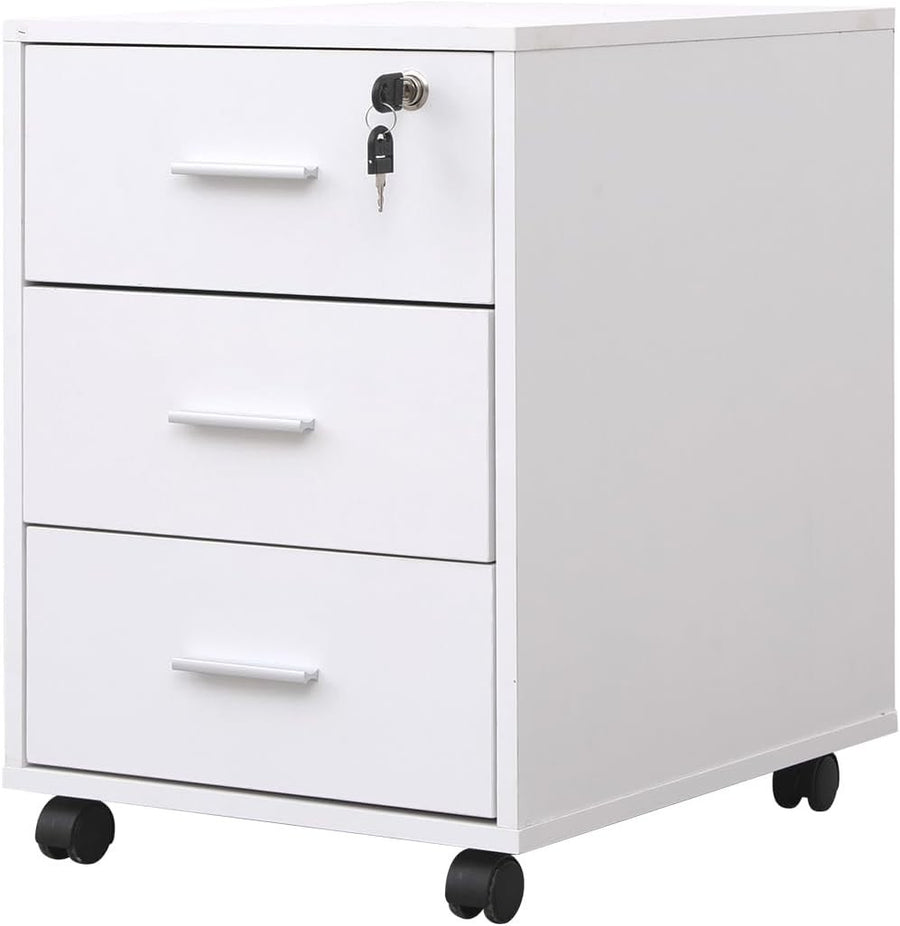 White Lockable Mobile Filing Cabinet 3 Drawer Under Desk Printer Stand