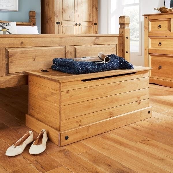 Rustic Solid Pine Ottoman Storage Chest with Hinged Lid & Safety Catch