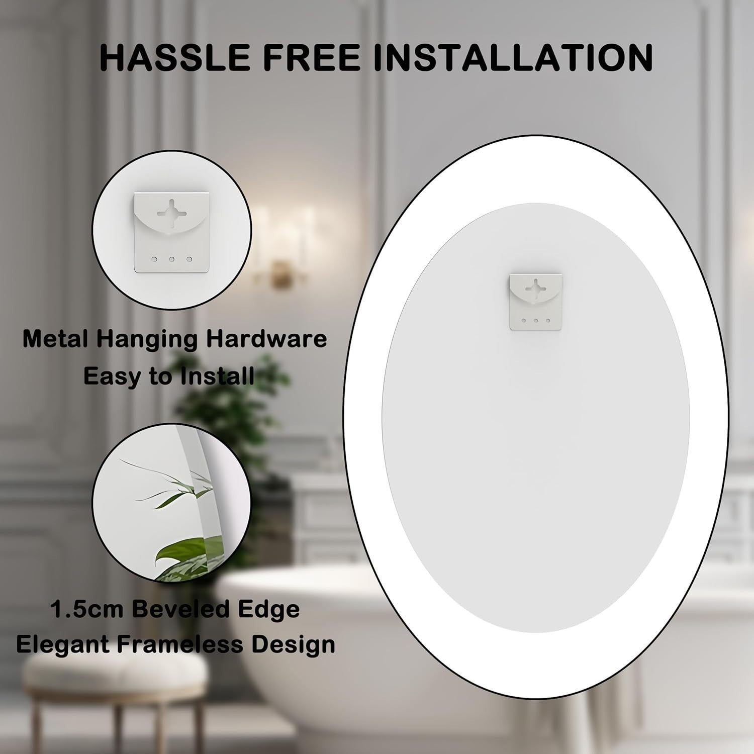 Oval Frameless Bathroom Mirror 28x20 Inch Beveled Edge, Easy Install