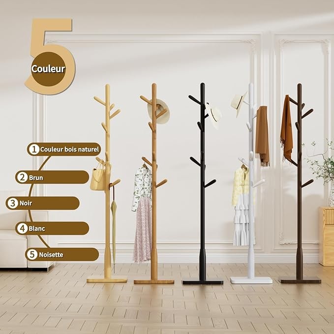 White Solid Wood Coat Rack 8 Hooks Square Base Freestanding Hall Stand