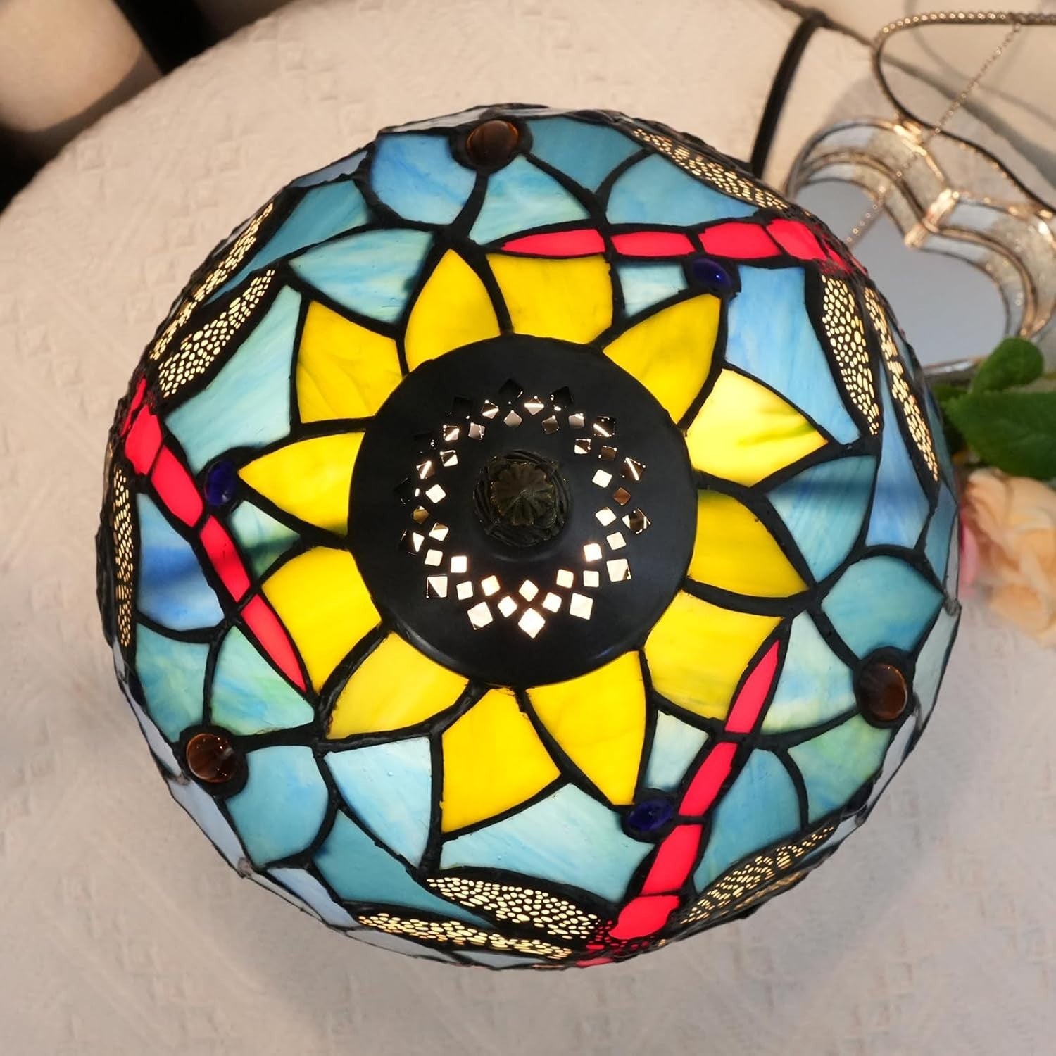 Tiffany Style Stained Glass Table Lamp Dragonfly Lotus Flower Decor