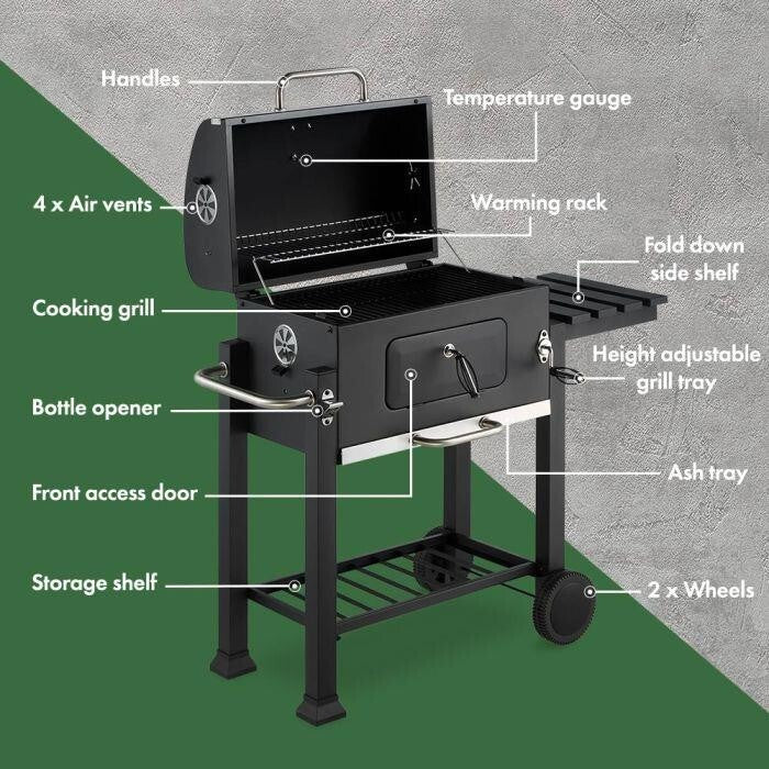 American Style Charcoal BBQ Grill w/ Temp Control, Shelves & Wheels