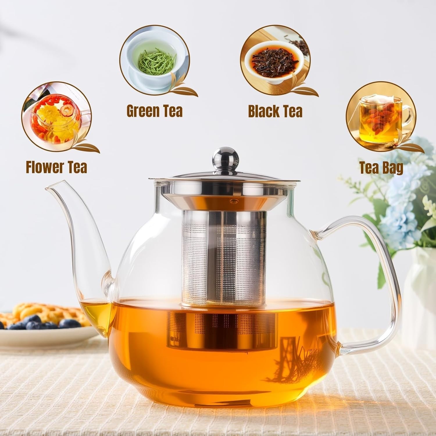 1500ml Glass Teapot with Stainless Infuser Stovetop Safe Tea Kettle