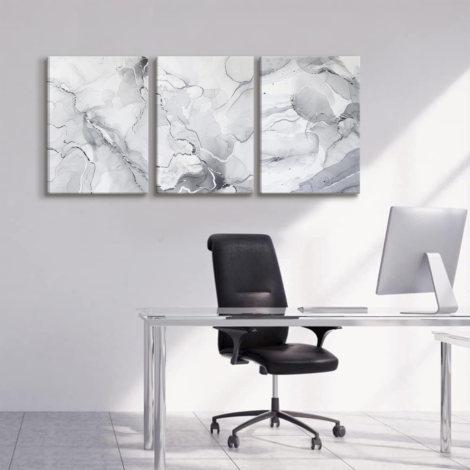 Grey White Marble Canvas Wall Art Set of 3 12x16in Abstract