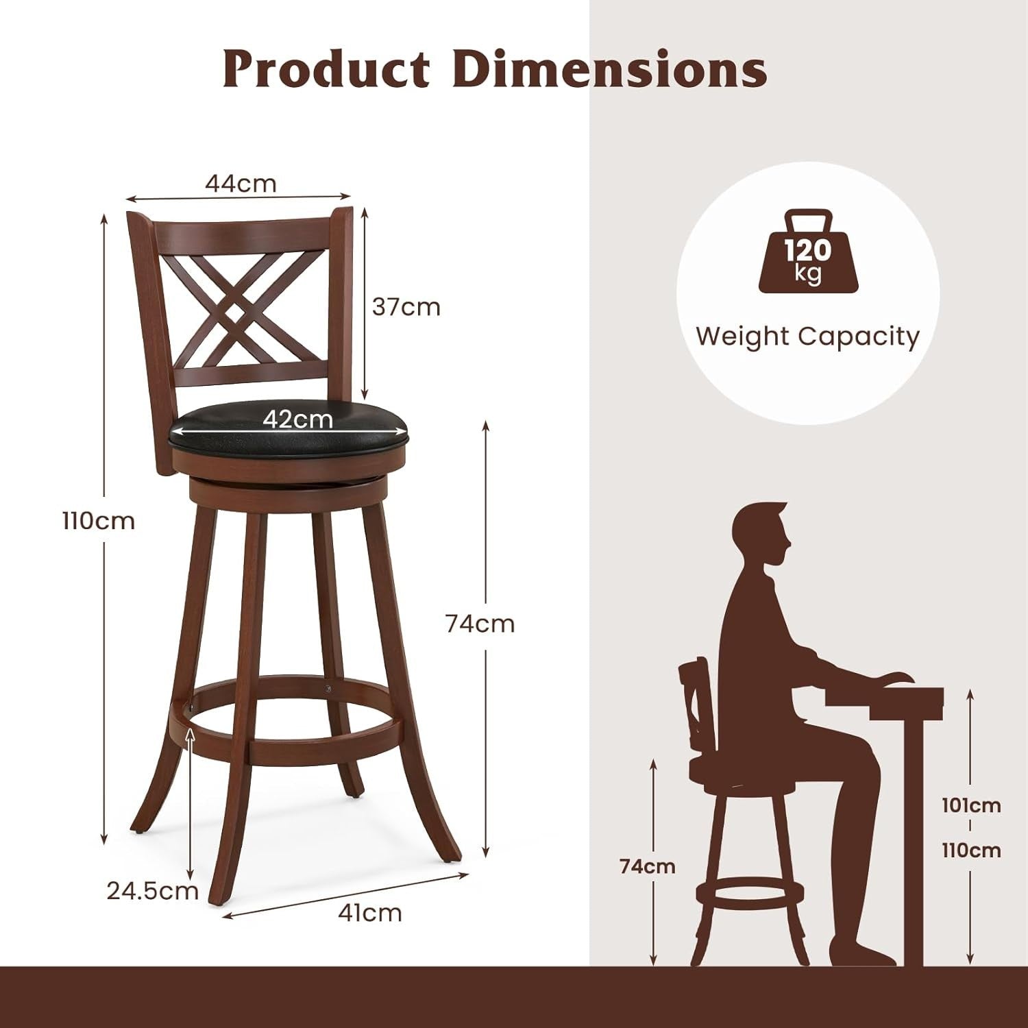 Espresso Black Swivel Bar Stools Set of 2 – Rubber Wood Counter Chairs