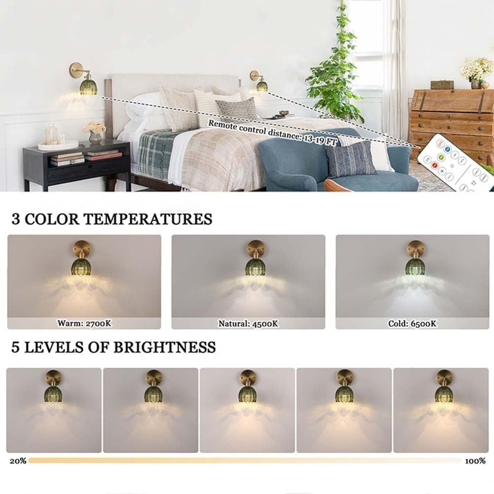 Vintage Gold Wall Lights with Remote & Green Glass Shade – Dimmable Set of 2