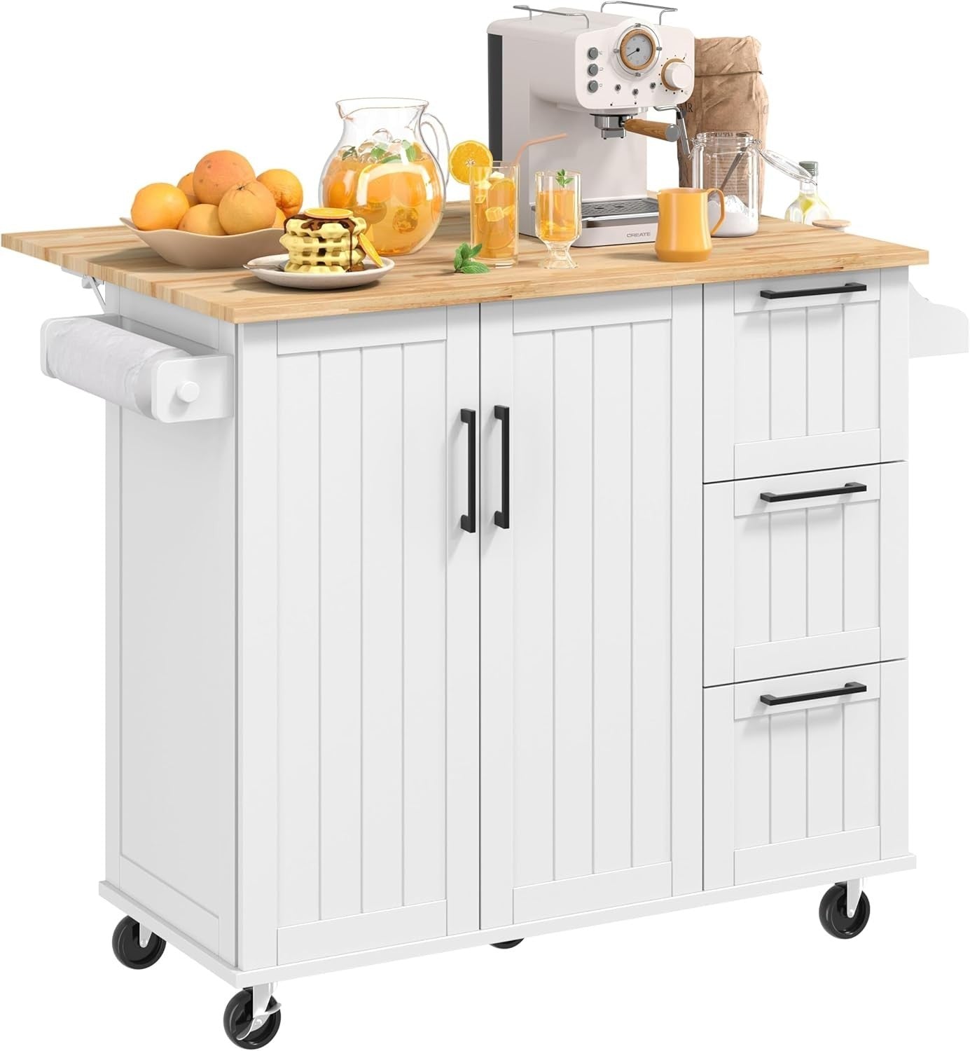 Rolling Kitchen Island Cart w/ Drop Leaf, Storage & Drawers 123x75x91cm