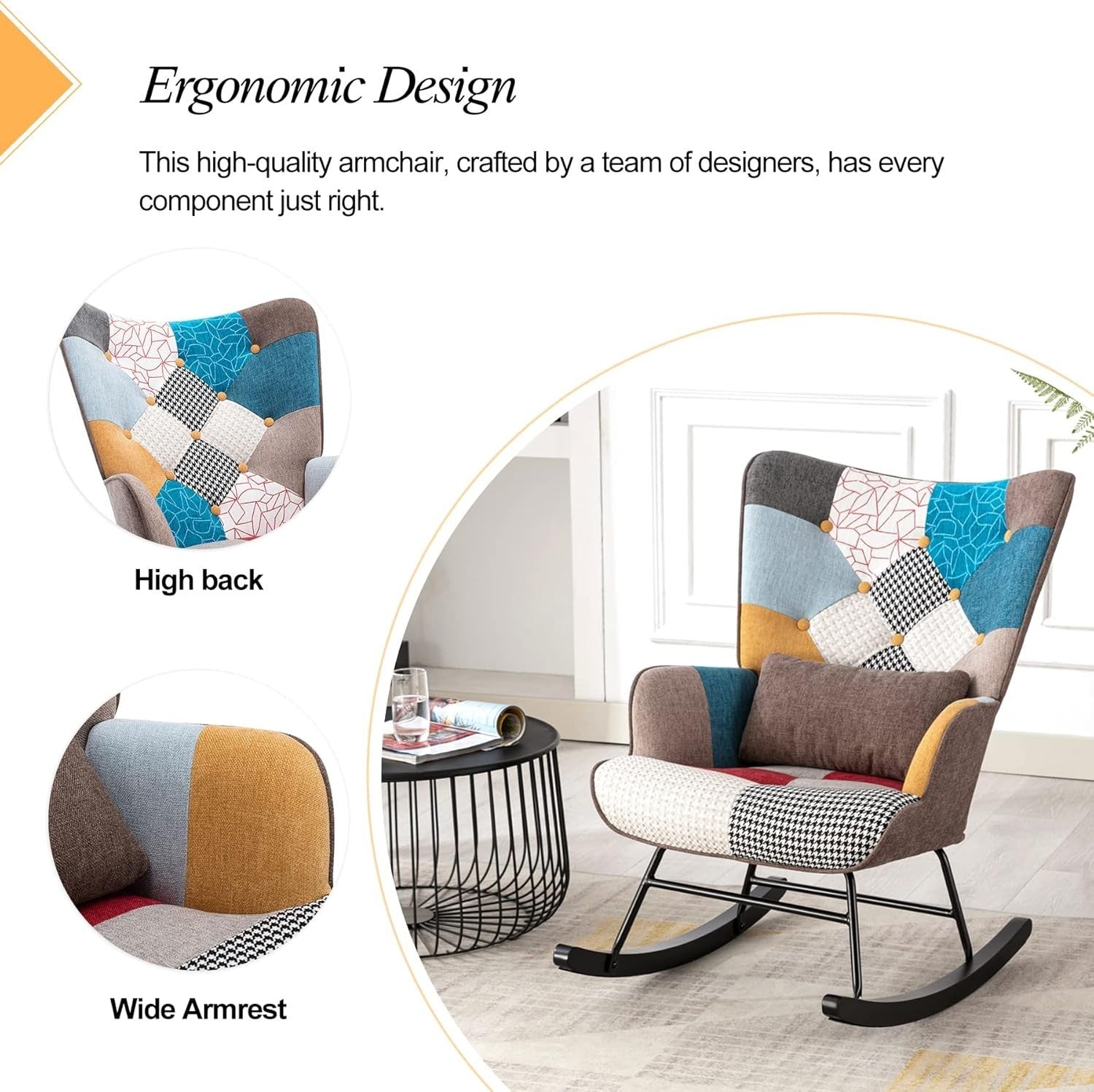 Patchwork Rocking Chair w/ Lumbar Support – Wood Legs, Quiet Glide 87cm