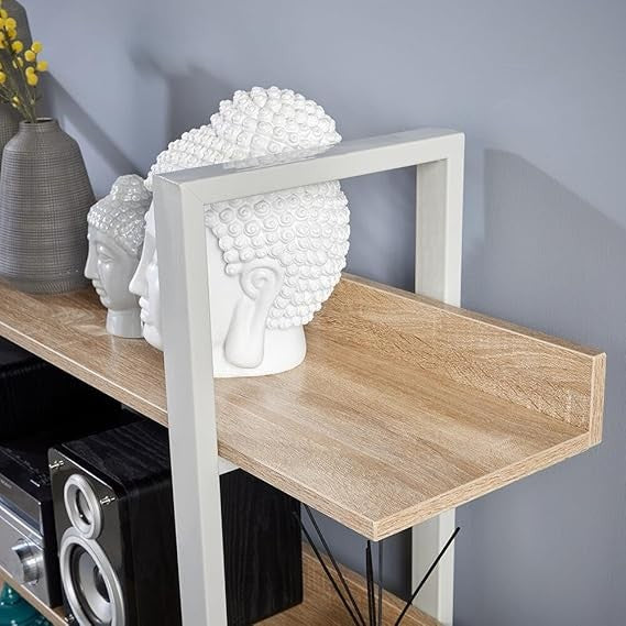 Wide 3 Tier Ladder Shelf Bookcase Modern Oak Effect Storage Unit Metal Frame
