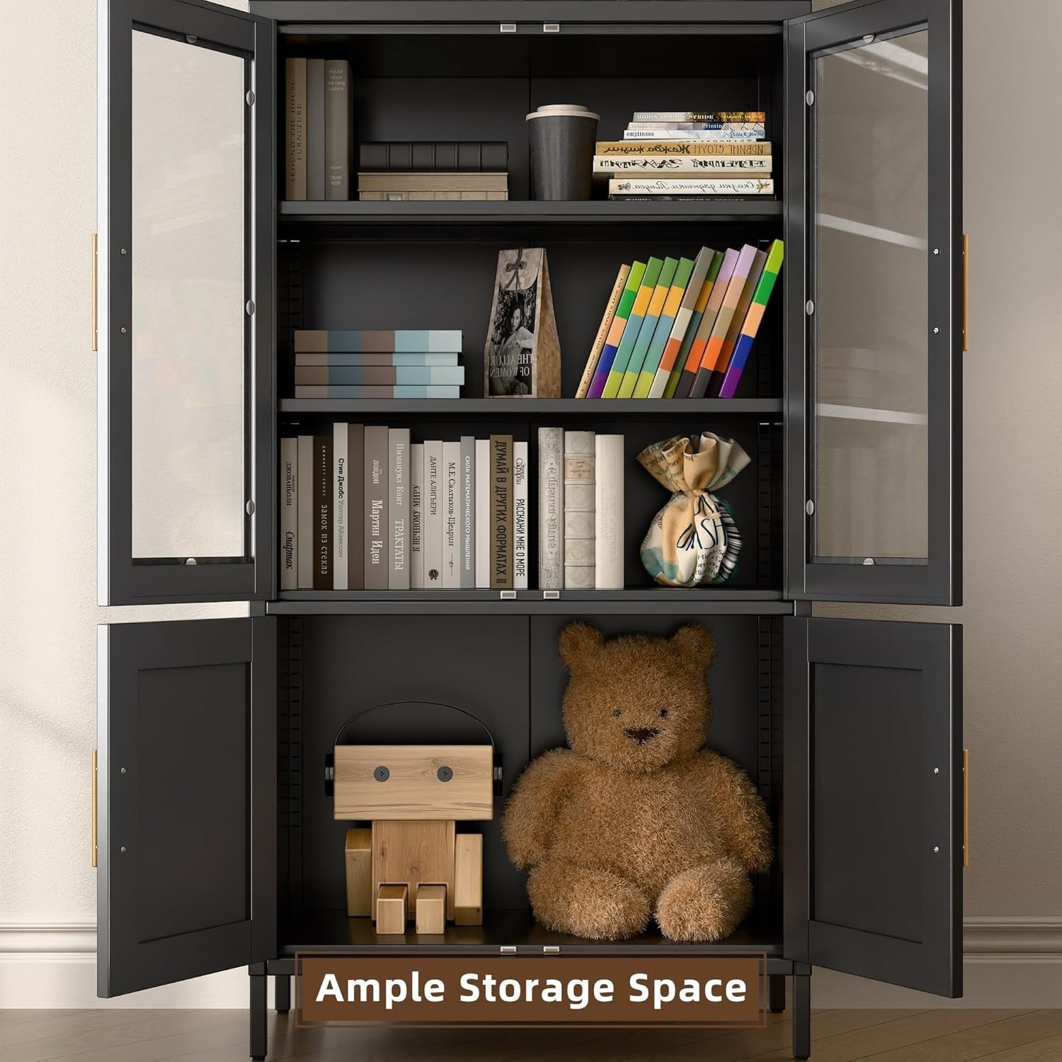 Tall Black Metal Kitchen Cabinet Glass Doors Storage Unit Pantry Cupboard