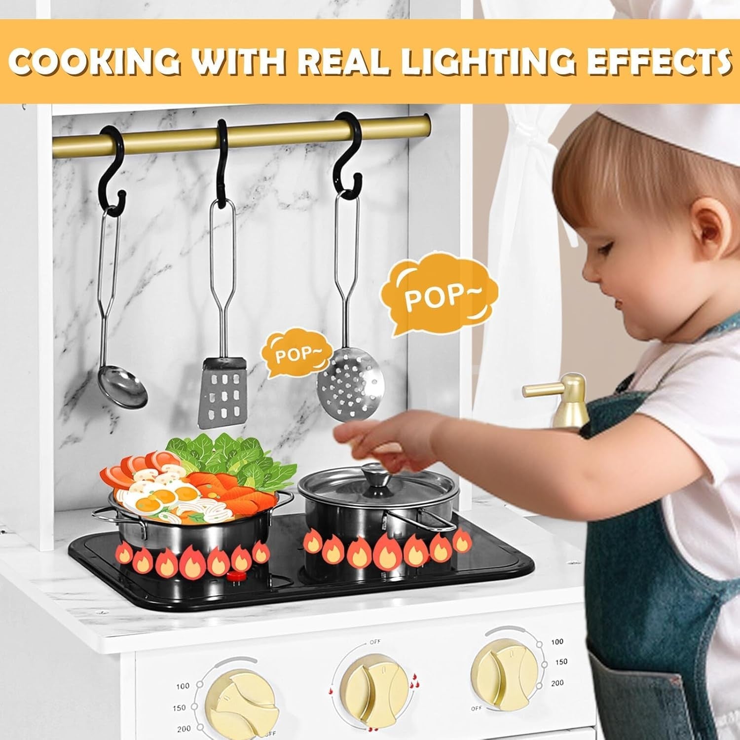 Large Wooden Kids Play Kitchen White Lights Sounds Toy Kitchen Set