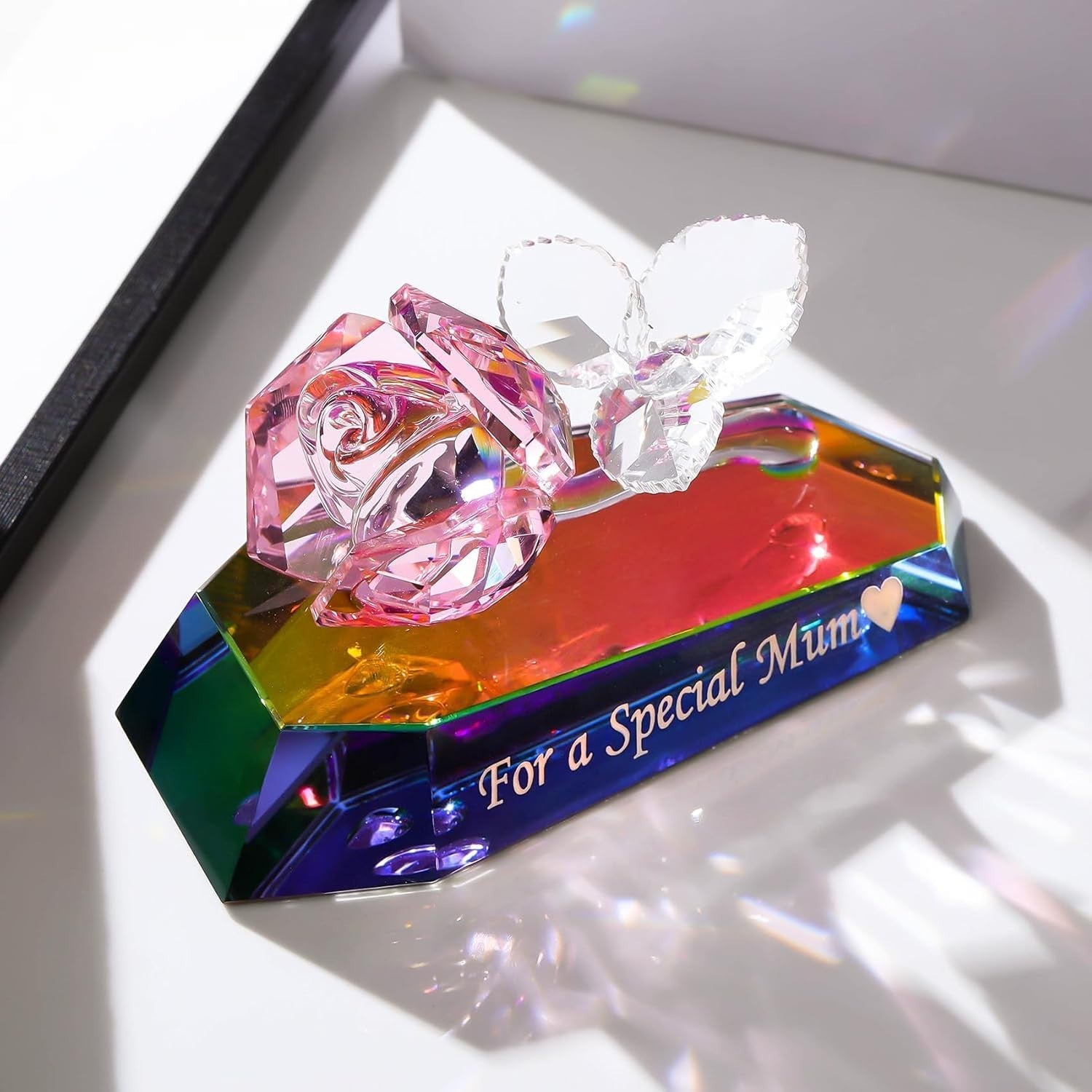 Crystal Rose Ornament Gift For Mum – Multicolour Glass Flower Keepsake