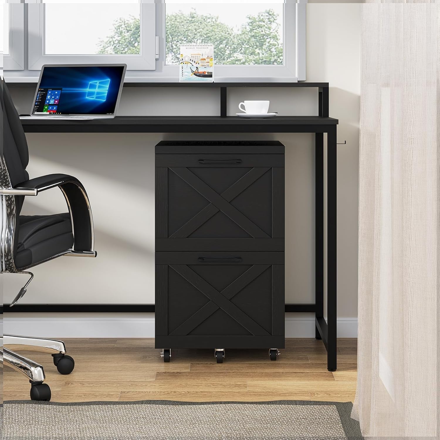 Black Farmhouse Rolling File Cabinet 2 Drawer A4 Letter Under Desk