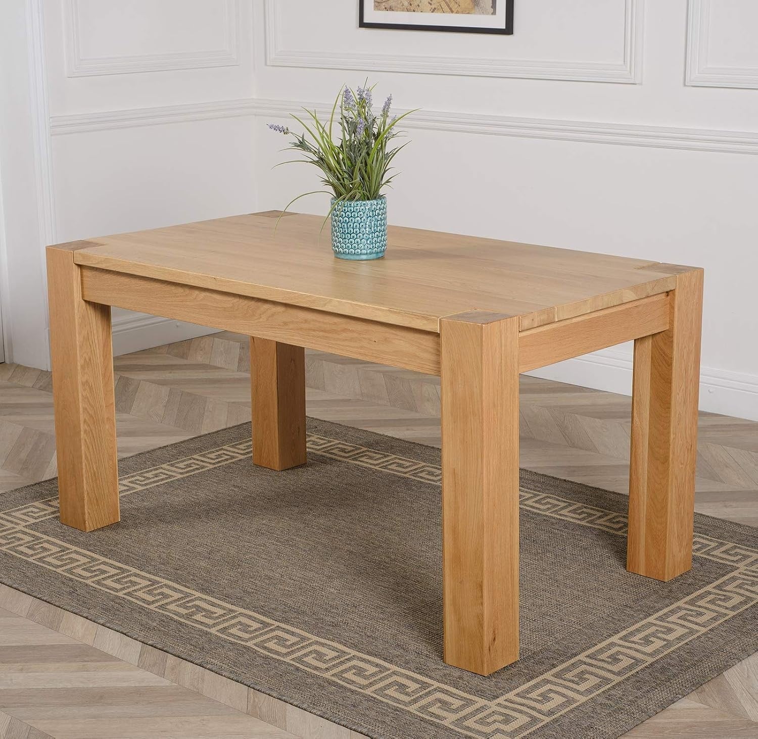 Chunky Oak Dining Table Set 4 Grey Fabric Chairs Solid Wood 150cm