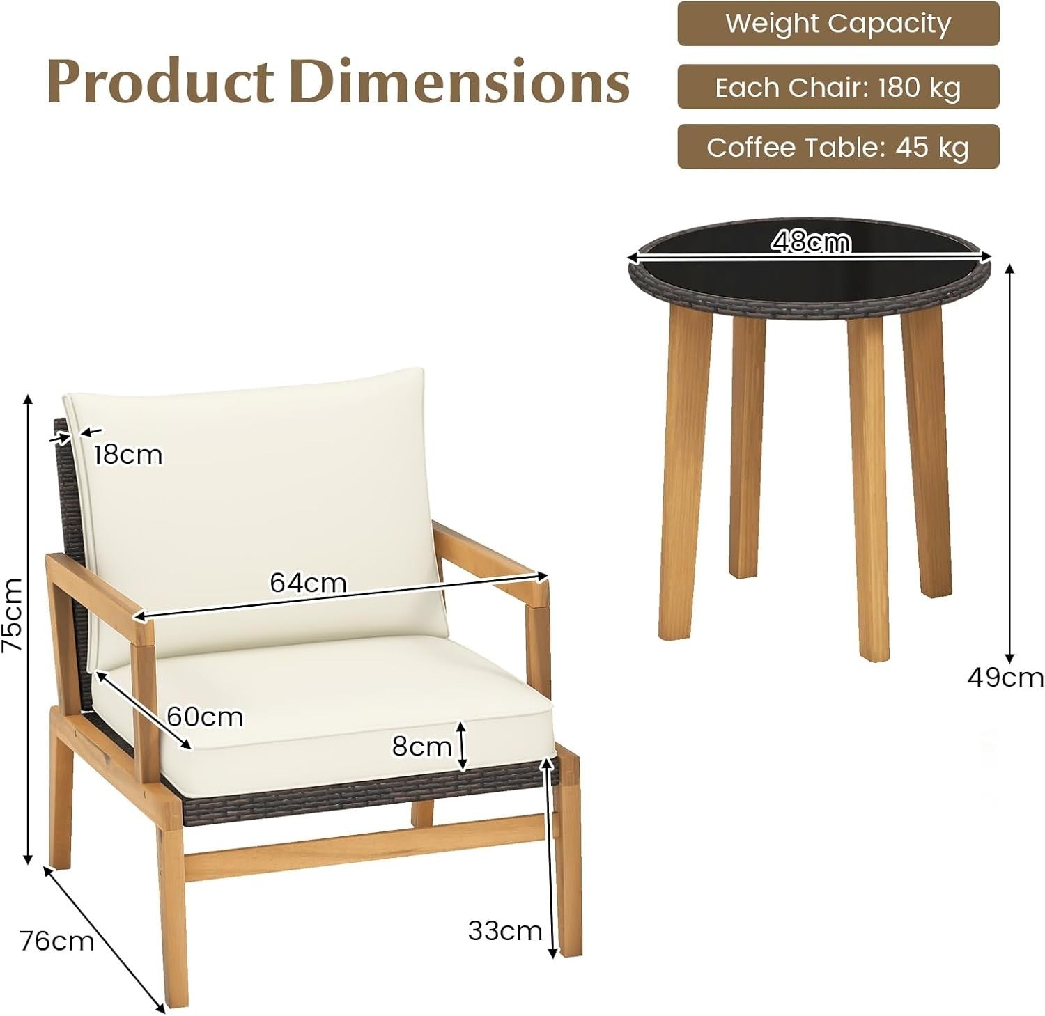 Luxury Acacia Garden Armchair Set with Cushions & Glass Table Patio Balcony