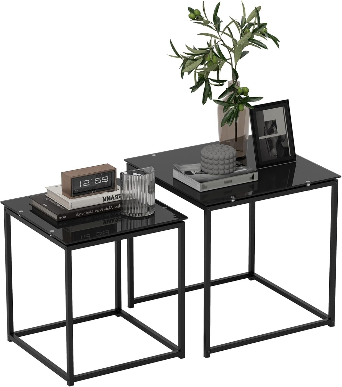 Nesting Coffee Table Set of 2 Black Tempered Glass Side End Tables Max 30KG