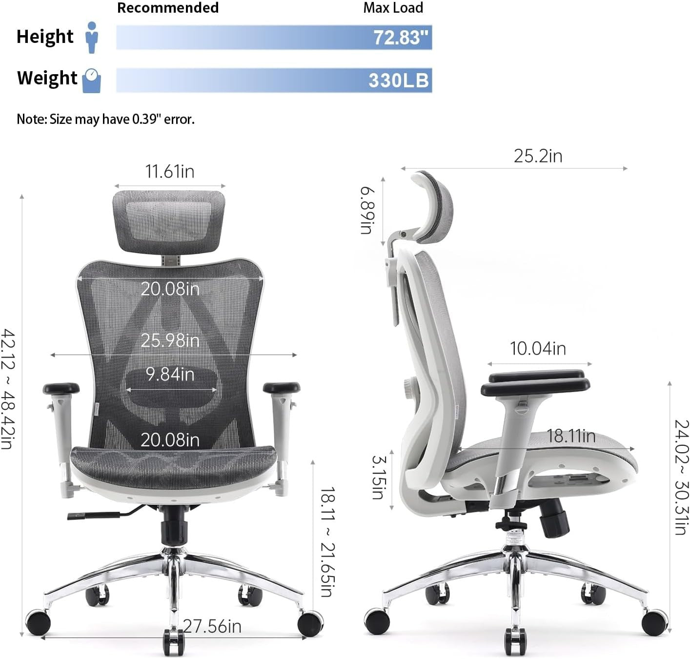 Ergonomic Office Chair Light Gray Mesh Back 3D Armrest Adjustable Headrest
