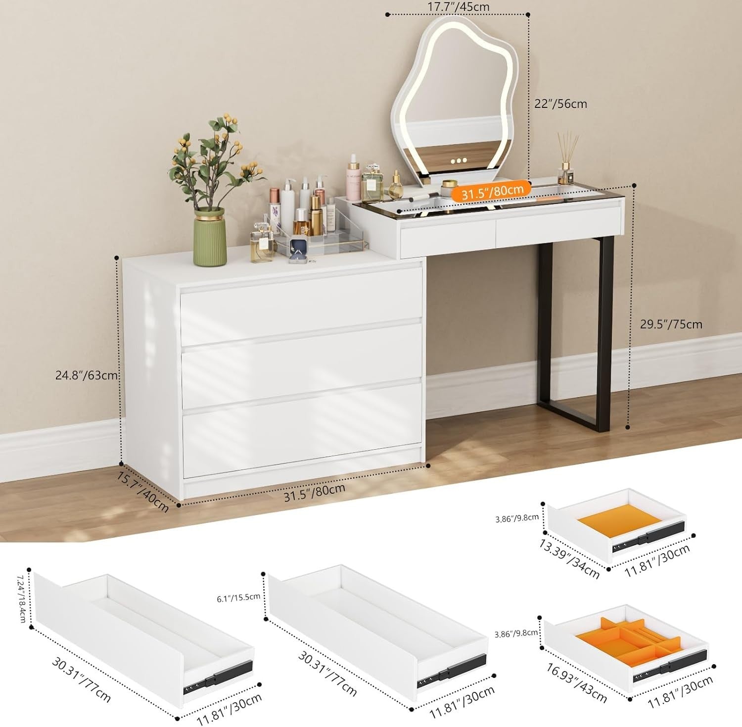 Modern Corner Vanity Dressing Table Desk Makeup Dresser LED Mirror 5 Drawers Whi
