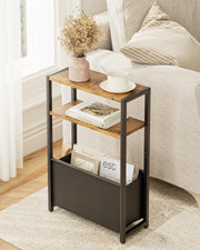 Slim Side Table with Storage Basket, Rustic Brown, Space-Saving Design