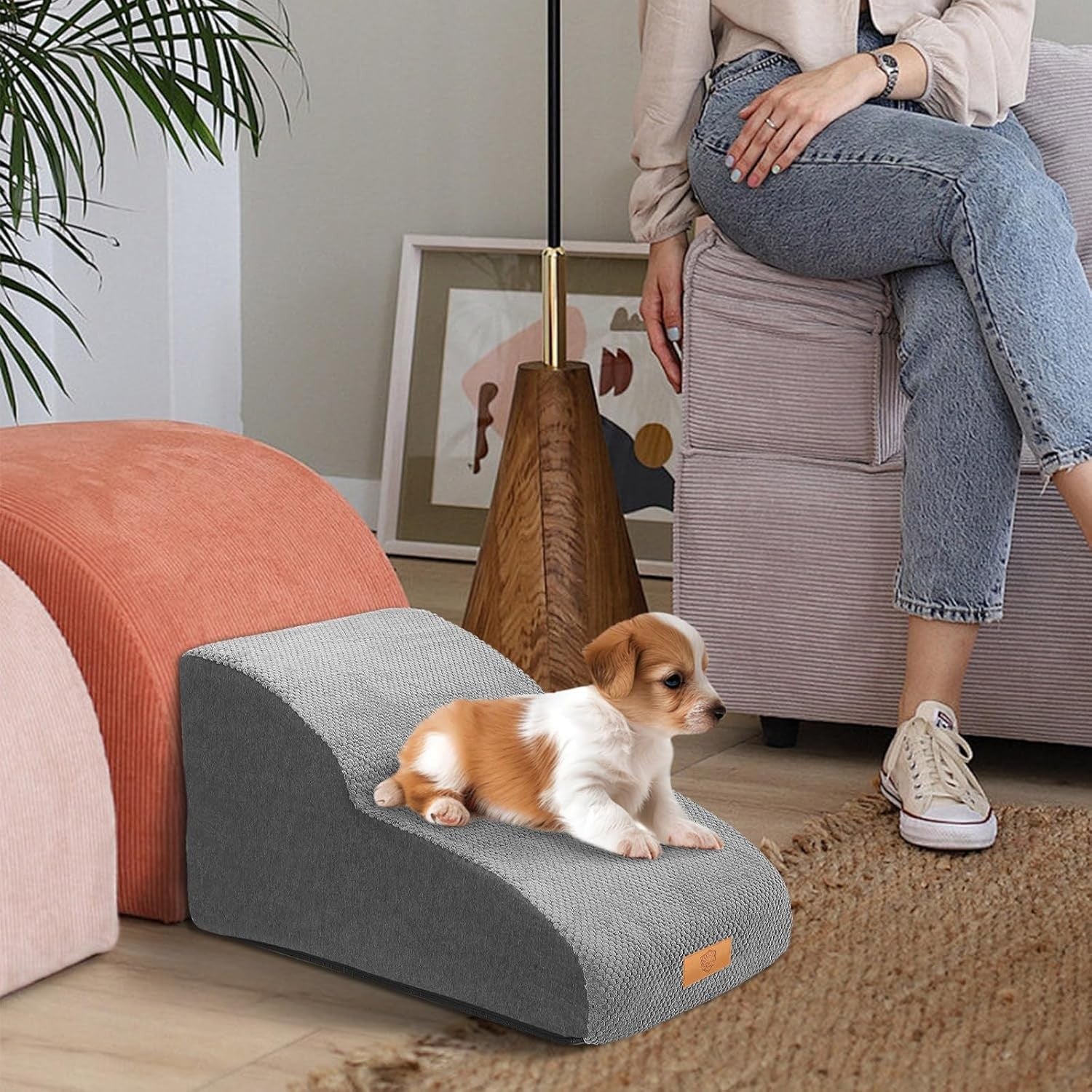 Grey 2 Step Extended Dog Stairs 30D Foam 55x40x30cm