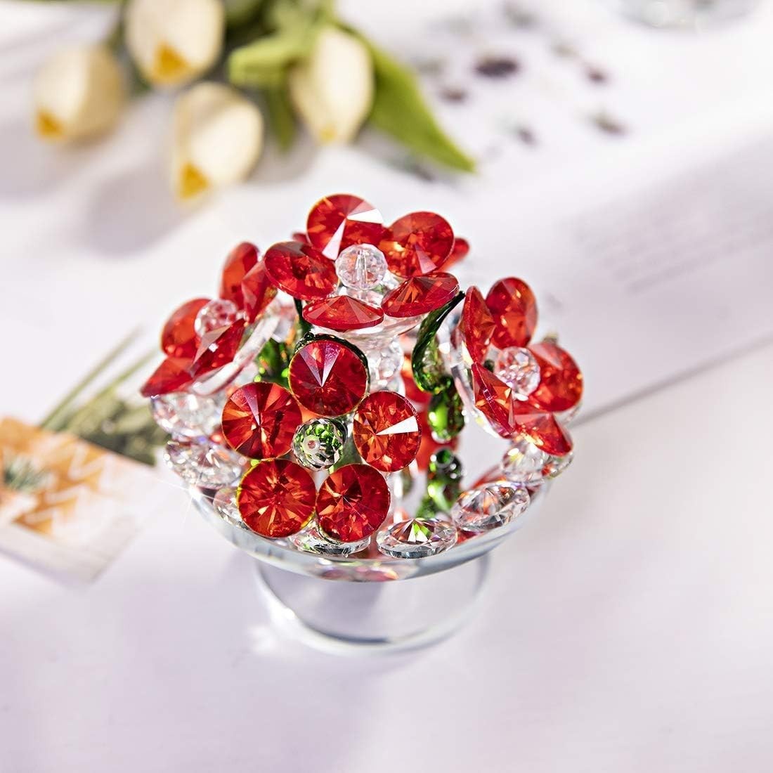 Crystal Red Flower Bouquet Ornament • K9 Glass Centerpiece • Elegant Home Décor