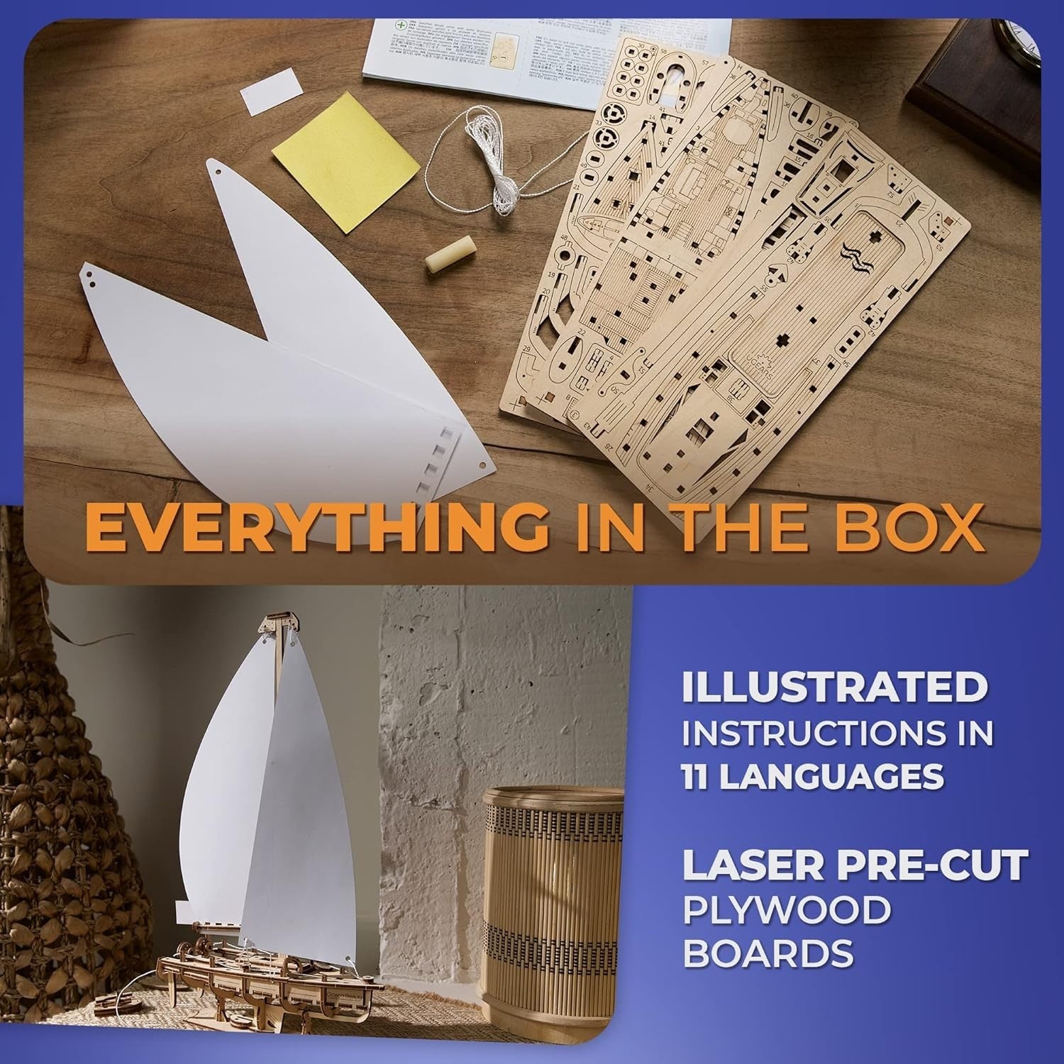 3D Wooden Sailing Yacht Puzzle Model with Stand & Realistic Moving Parts