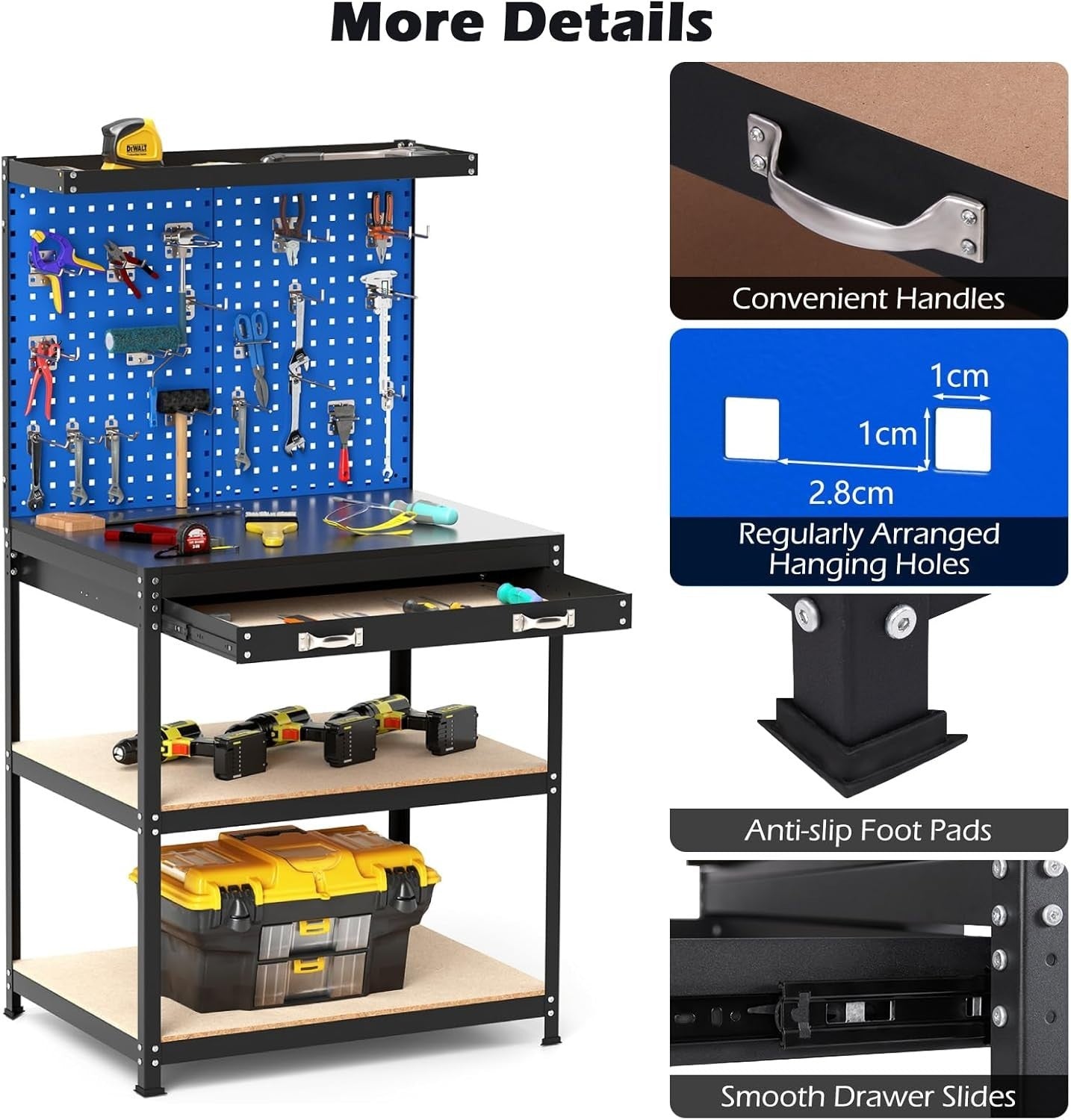 Navy Heavy Duty Garage Workbench Pegboards Drawer Shelves 290kg Tool Station