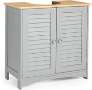 Grey Under Sink Bathroom Cabinet w/ Oak Top | 60cm Cupboard, Shutter Doors
